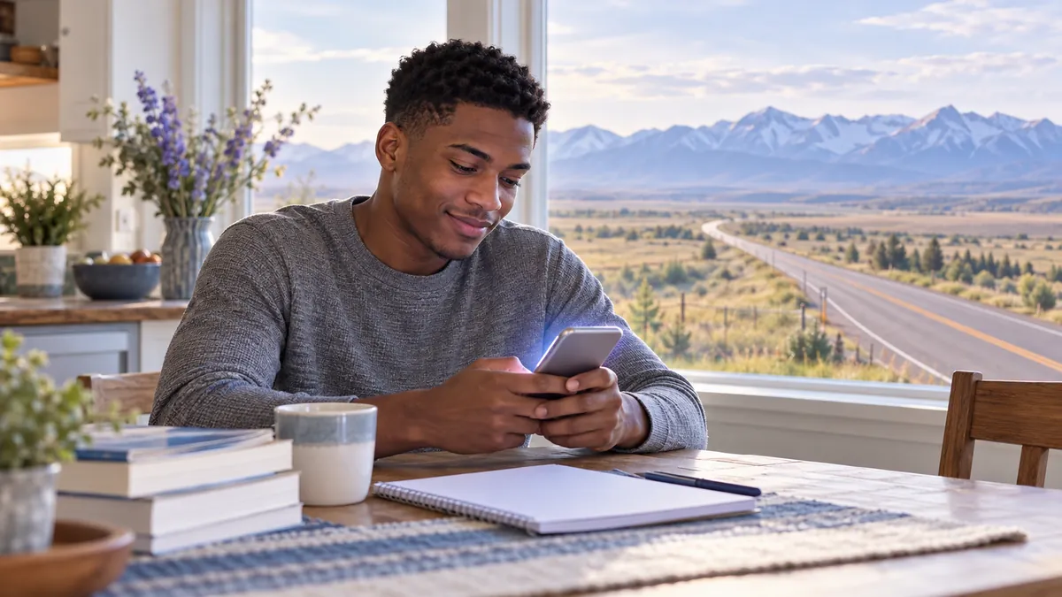 A new driver studying for the Montana permit test on a phone at a kitchen table
