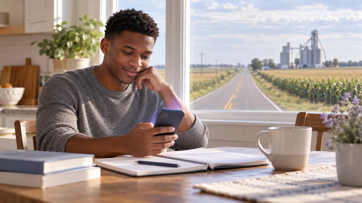 A new driver studying for the Nebraska permit test on a phone at a kitchen table