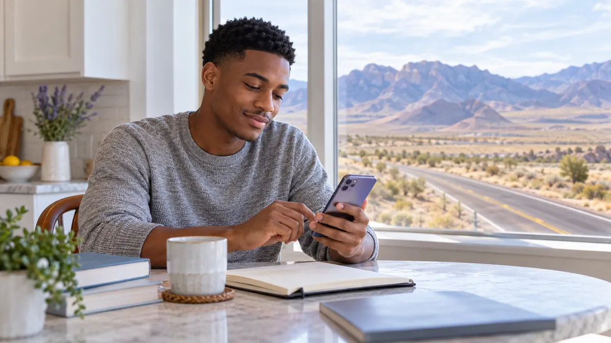 A new driver studying for the Nevada permit test on a phone at a kitchen table