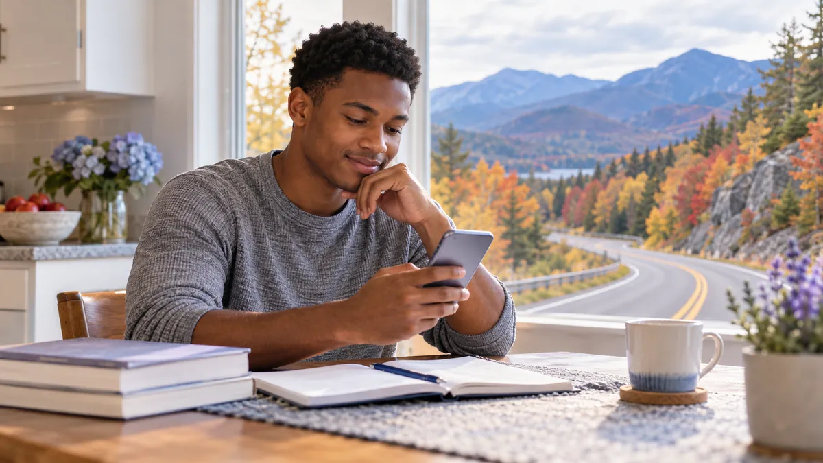 A new driver studying for the New Hampshire permit test on a phone at a kitchen table