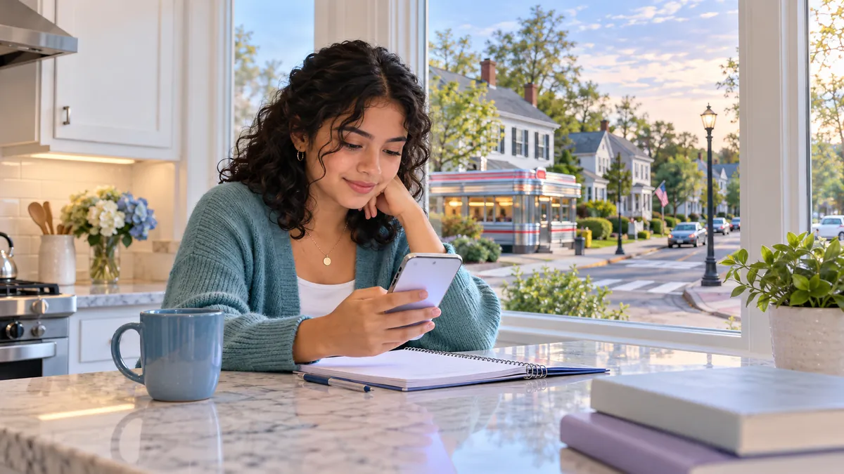 A new driver studying for the New Jersey permit test on a phone at a kitchen table