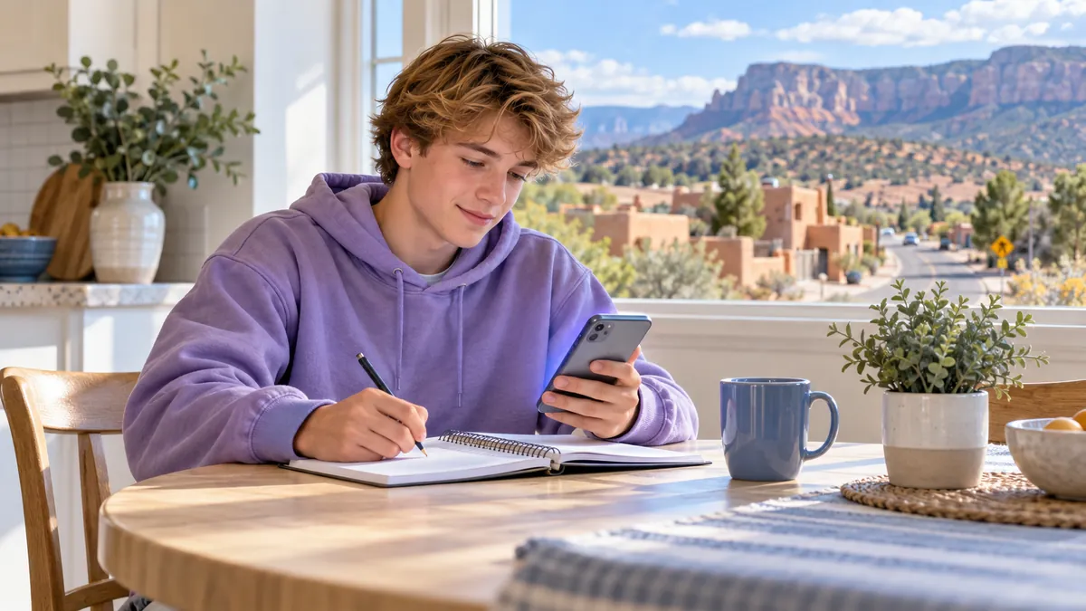 A new driver studying for the New Mexico permit test on a phone at a kitchen table