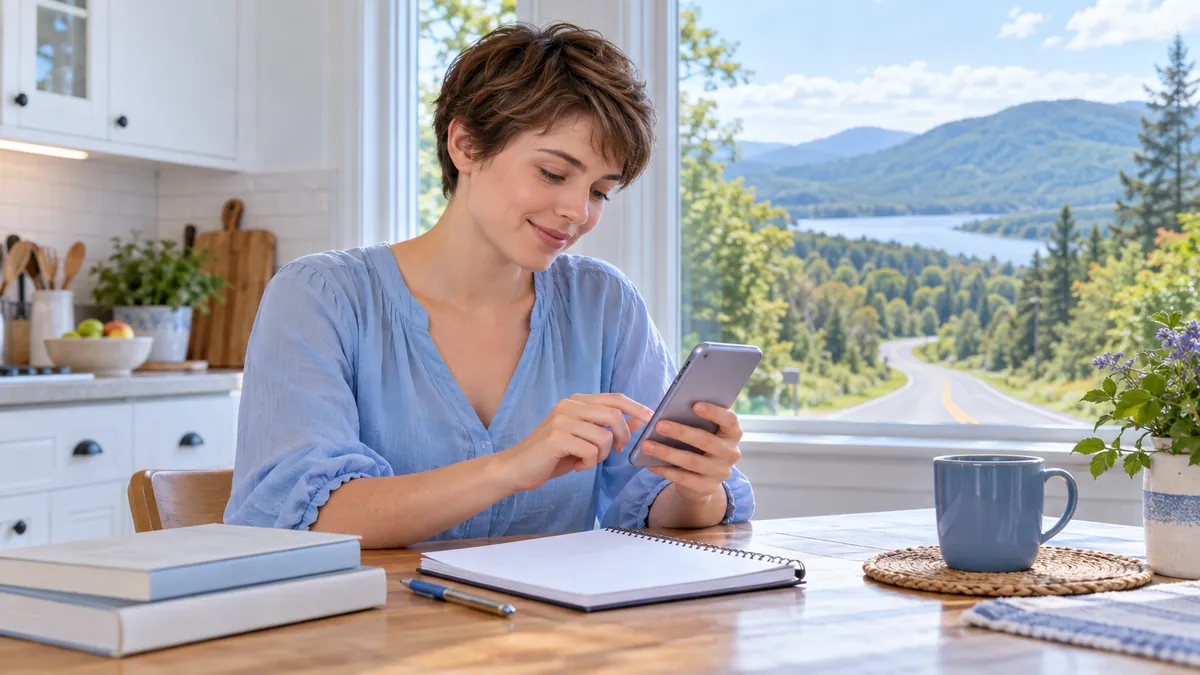 A new driver studying for the New York permit test on a phone at a kitchen table