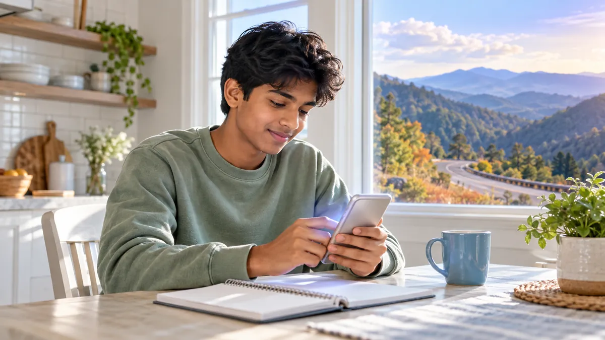 A new driver studying for the North Carolina permit test on a phone at a kitchen table