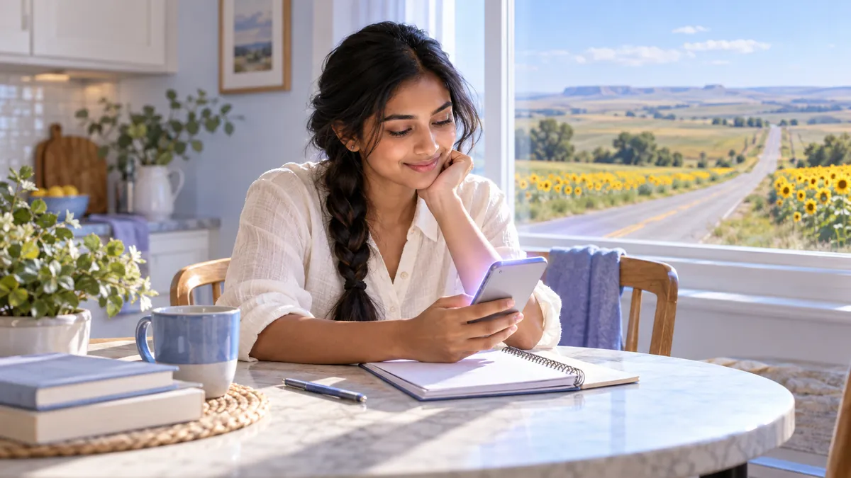 A new driver studying for the North Dakota permit test on a phone at a kitchen table
