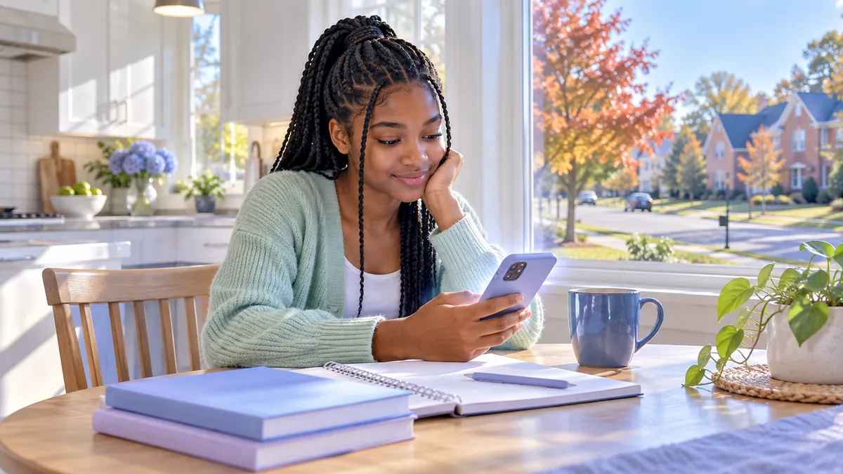 A new driver studying for the Ohio permit test on a phone at a kitchen table, relaxed