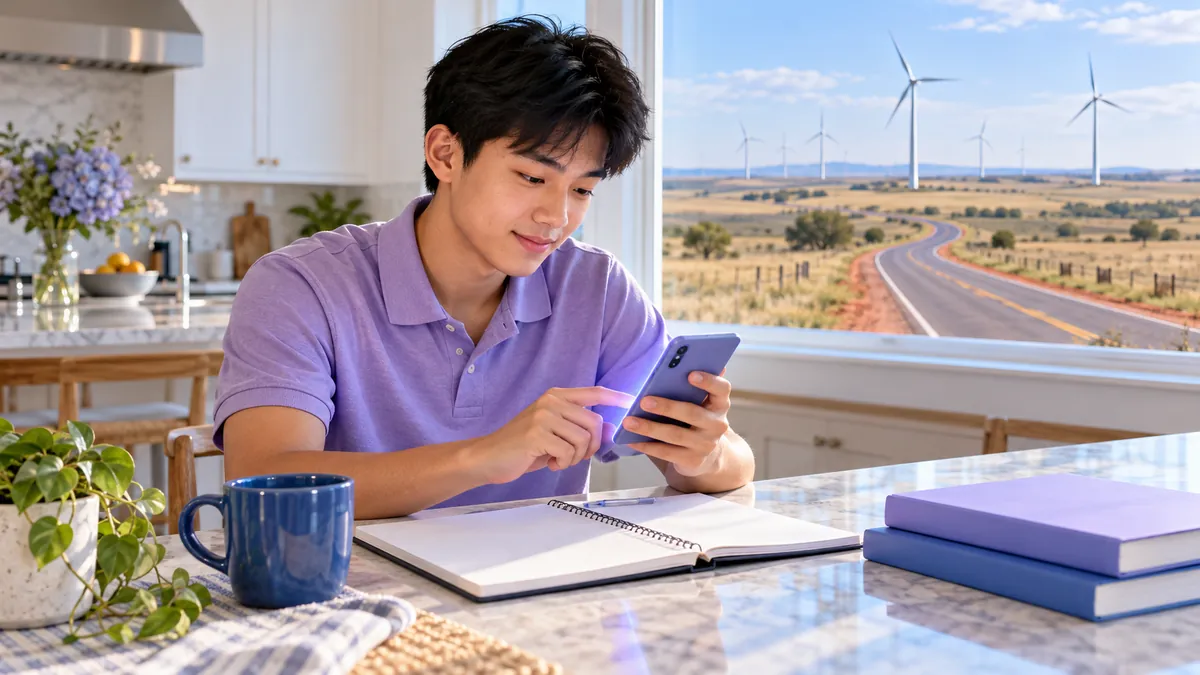A new driver studying for the Oklahoma permit test on a phone at a kitchen table