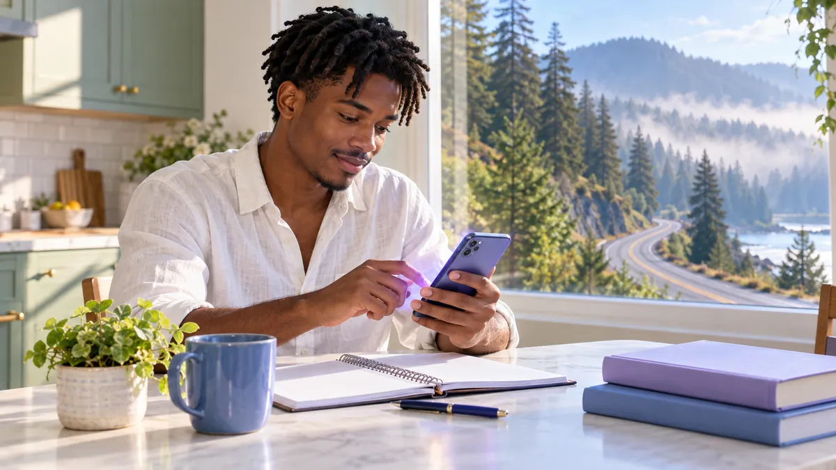 A new driver studying for the Oregon permit test on a phone at a kitchen table