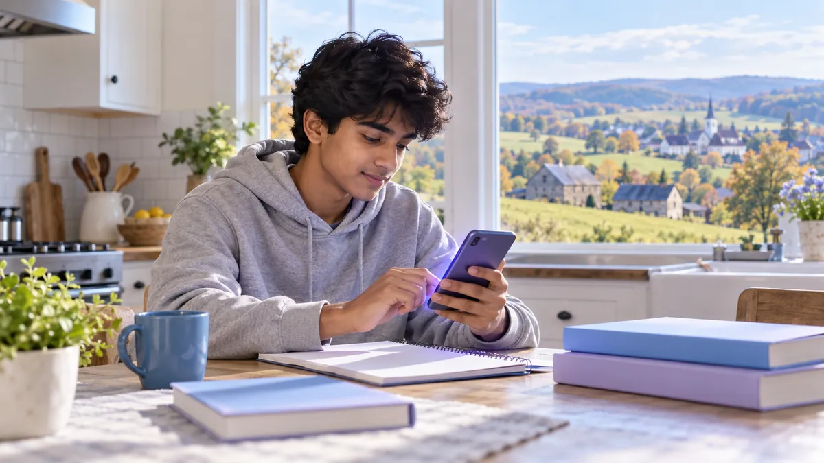 A new driver studying for the Pennsylvania permit test on a phone at a kitchen table
