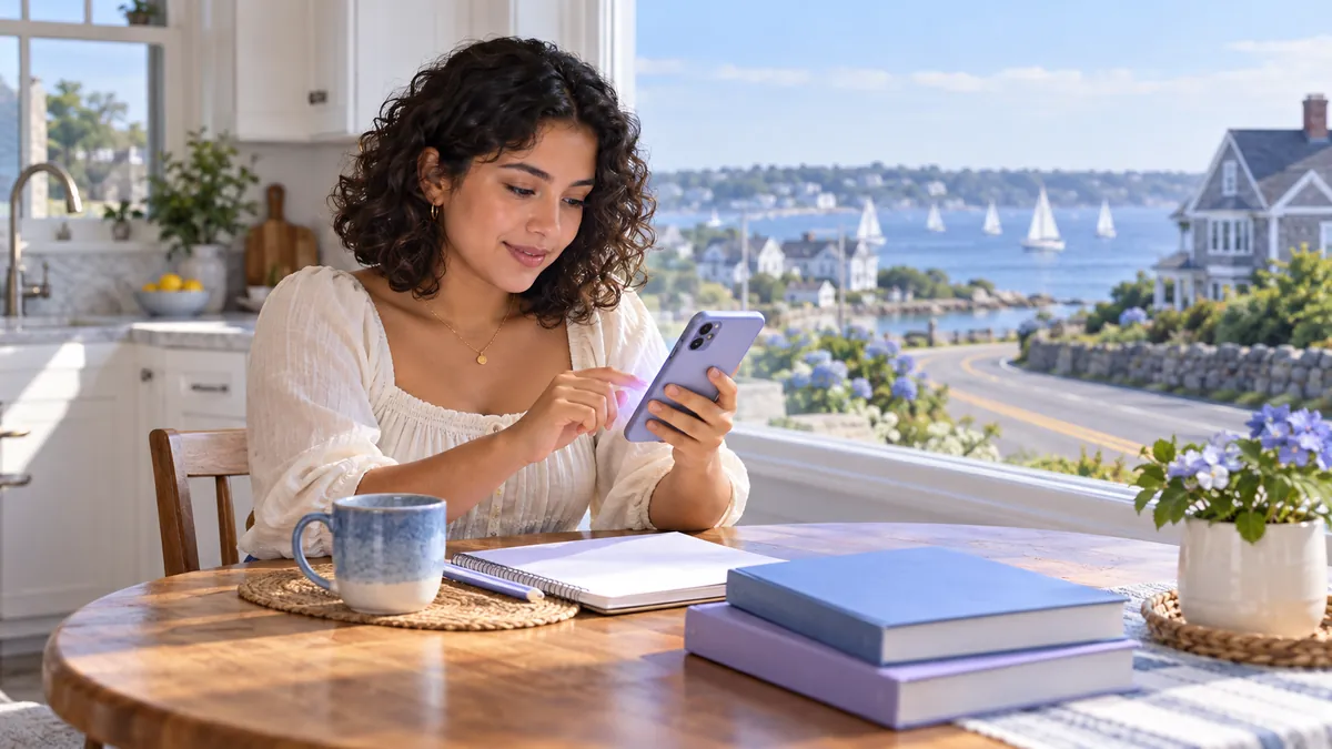 A new driver studying for the Rhode Island permit test on a phone at a kitchen table
