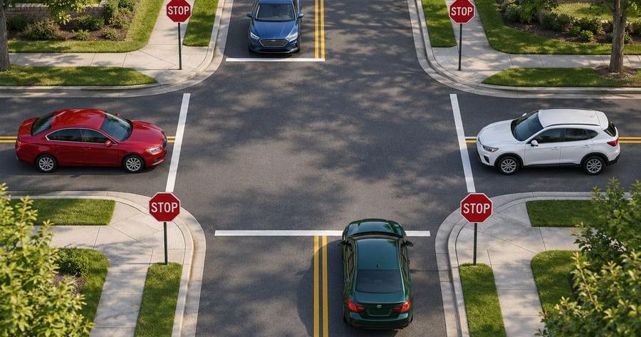 Overhead view of a four-way intersection with stop signs and four cars, showing stopping at signs and yielding right of way. Practice before your Winslow road test.