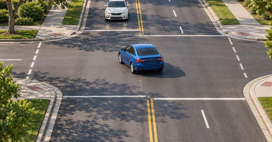 Overhead view of a car waiting to turn left across oncoming lanes at an intersection. Practice before your Washington road test.