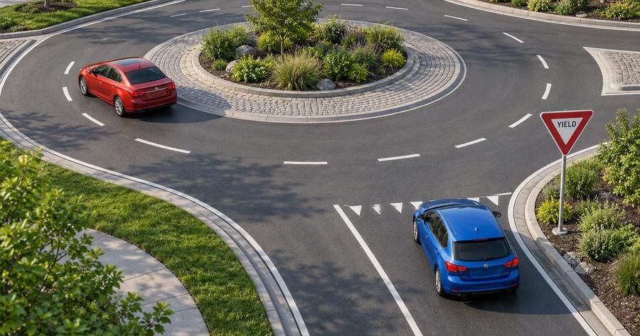 Overhead view of cars entering and circling a roundabout with a yield sign. Practice before your Paramus road test.
