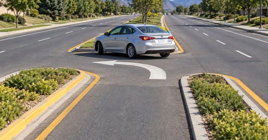 A silver sedan making a turn-around on a divided road, a maneuver tested in the road test. Practice before your Cherry Hill road test.