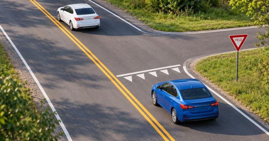 Overhead view of a car approaching a yield sign on a two-lane road, a right-of-way skill on the road test. Practice before your Secaucus road test.