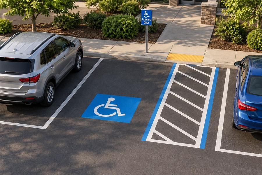 A parking space marked with a blue wheelchair symbol beside a striped access aisle and a blue Parking Only sign, with cars in the neighboring spaces.