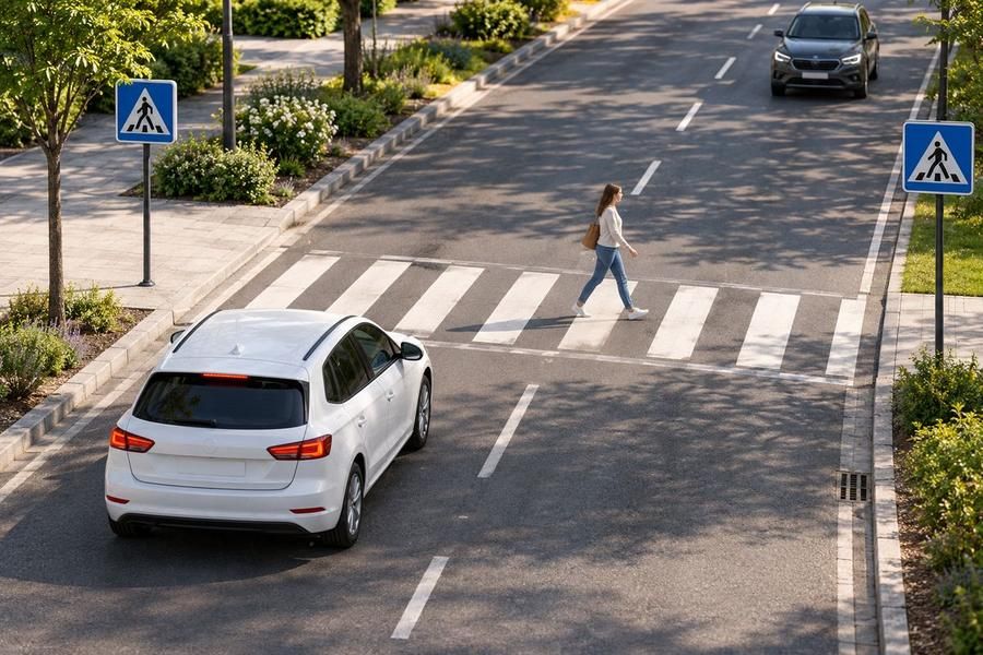 A woman walks across a striped crosswalk between two blue pedestrian signs while a white hatchback waits in front of it.