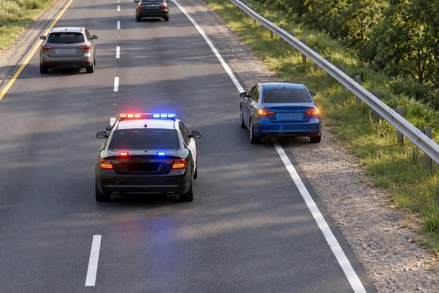 A blue car pulled onto the right shoulder of a highway while a police car with red and blue lights on passes in the lane beside it.