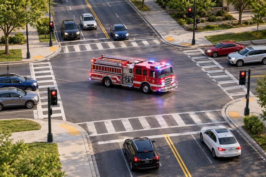 A fire truck with flashing red and blue lights crosses an intersection while cars on both sides wait at red traffic lights.