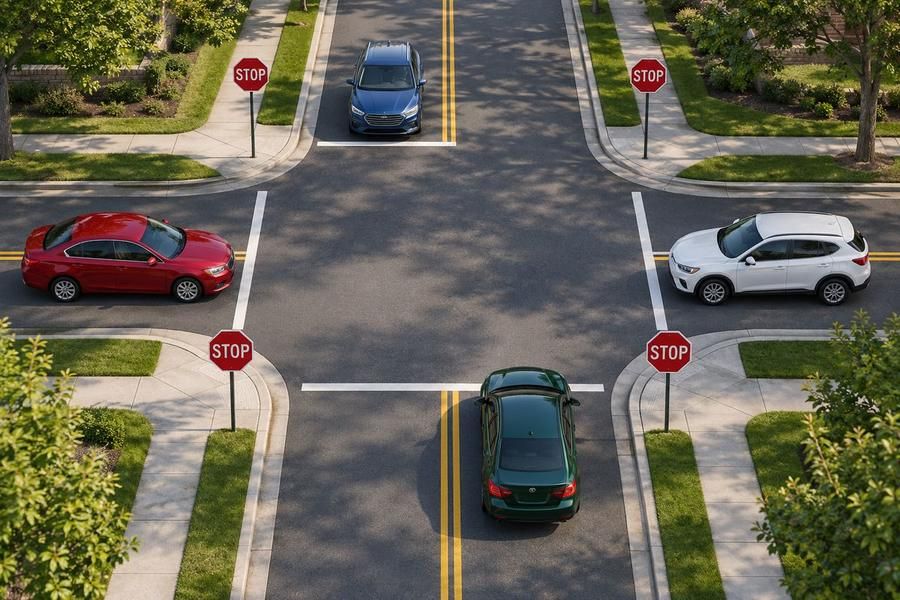 Four cars at an intersection with a stop sign on each approach, with white stop lines painted on the pavement in front of the cars.
