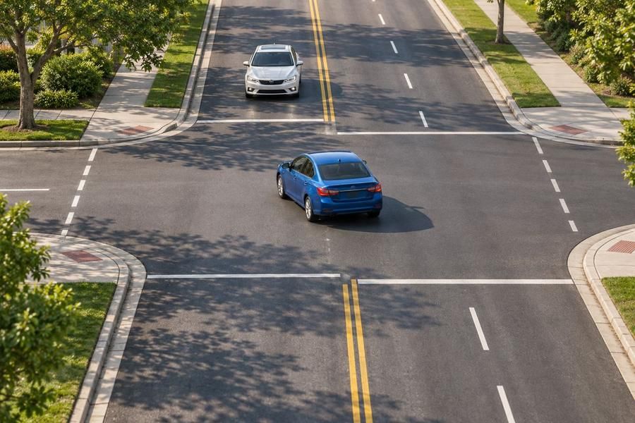 A blue car is in the middle of an intersection while a white car approaches from the opposite direction on the far side.