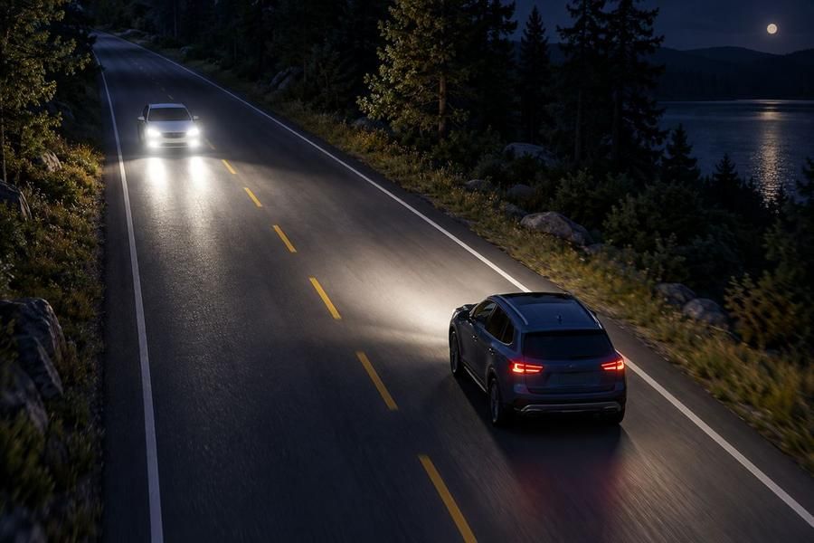 Two cars on a dark two-lane road at night, one approaching with headlights on and a dark SUV ahead showing its taillights.