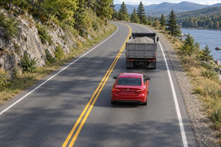 A red car follows a loaded dump truck on a curving two-lane road with a double yellow center line.