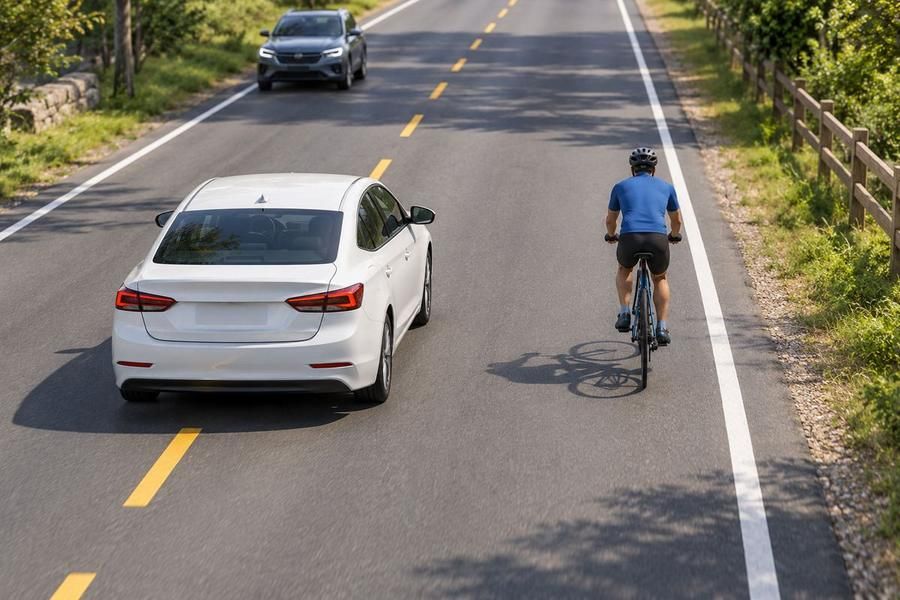 A white car passing a bicyclist in a blue jersey on the shoulder of a two-lane road