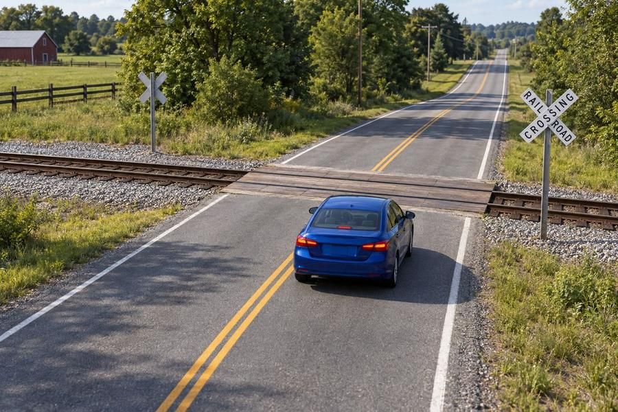 A blue car on a two-lane road at a railroad crossing marked by a crossbuck sign, with tracks crossing the road.