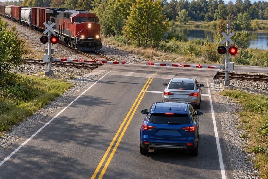 Two cars stopped before a railroad crossing with lowered gates and flashing red lights as a freight train approaches.