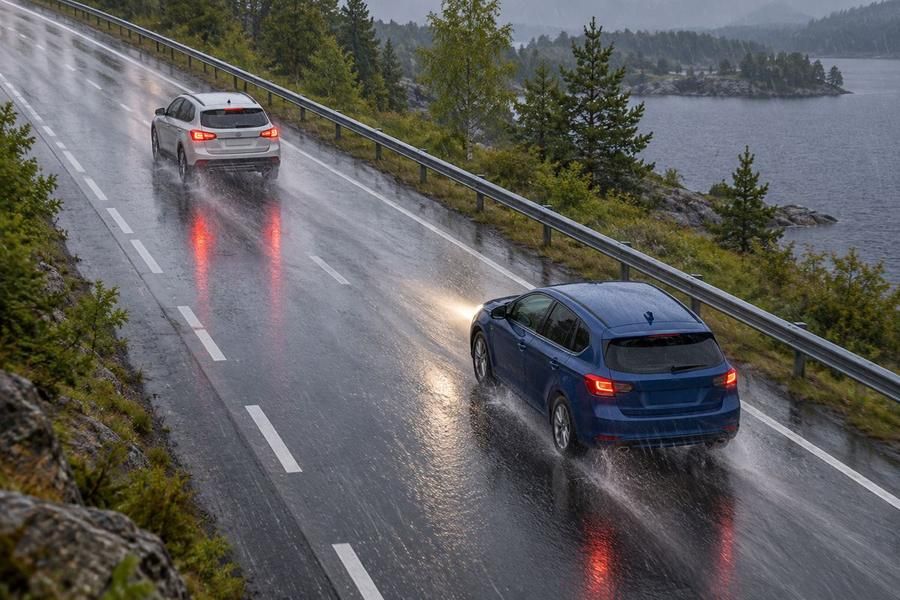 A blue SUV with headlights on drives along a wet road beside a guardrail in the rain, with another car ahead showing red tail lights.