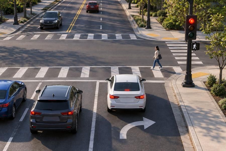 Cars wait at a red traffic light in lanes at a crosswalk, with a pedestrian crossing the street ahead and a right-turn arrow painted on the road.