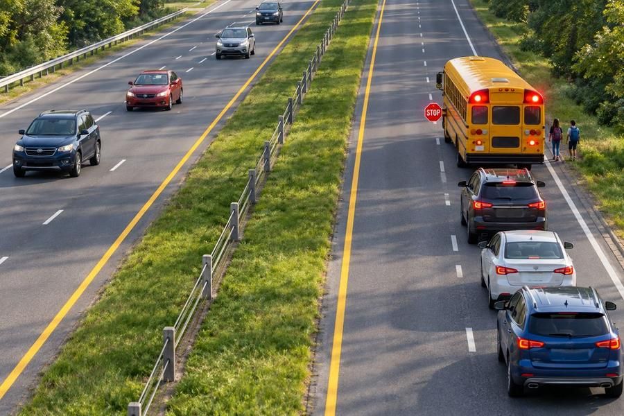 A yellow school bus with flashing red lights and a stop arm is stopped on one side of a divided highway while cars behind it wait and children stand on the shoulder.