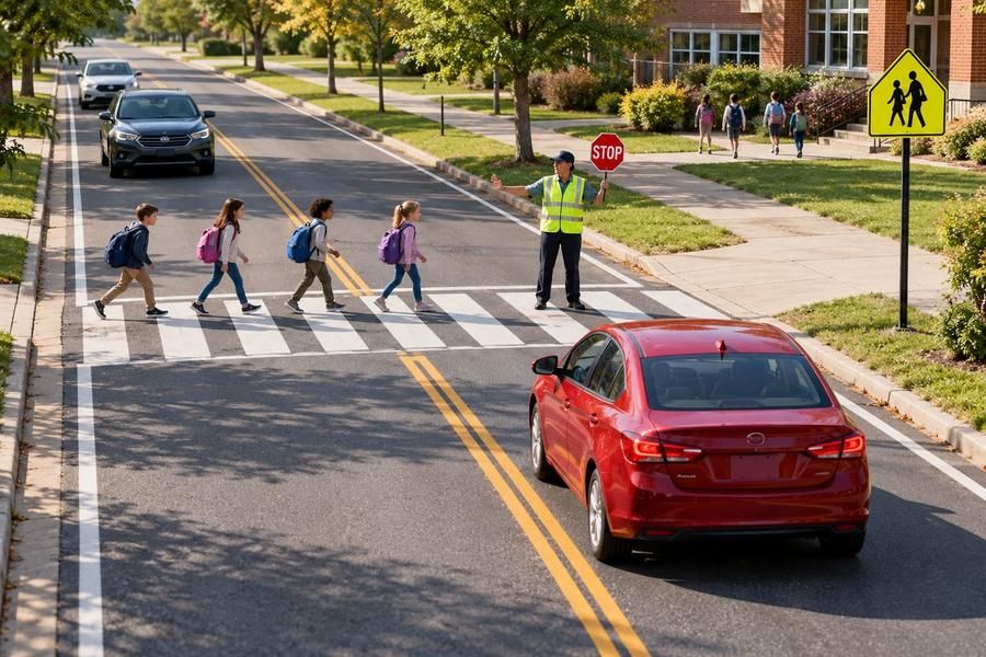 Children with backpacks cross at a crosswalk beside a crossing guard holding a stop sign while a red car waits and a school crossing sign stands nearby.