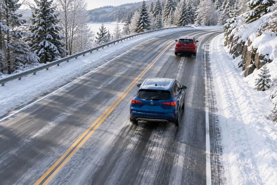 A blue SUV with a layer of snow on its roof drives on a snow-edged two-lane road with a red SUV ahead in the distance.