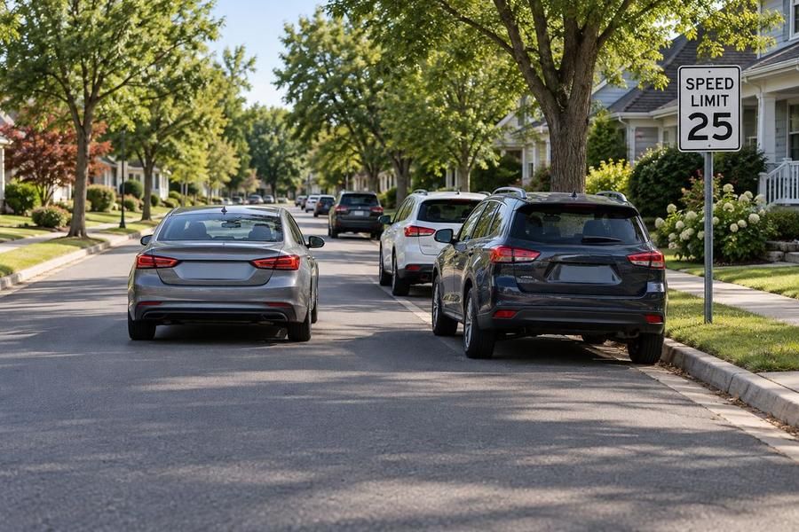 A tree-lined residential street with parked cars along the curb and a Speed Limit 25 sign on a post.