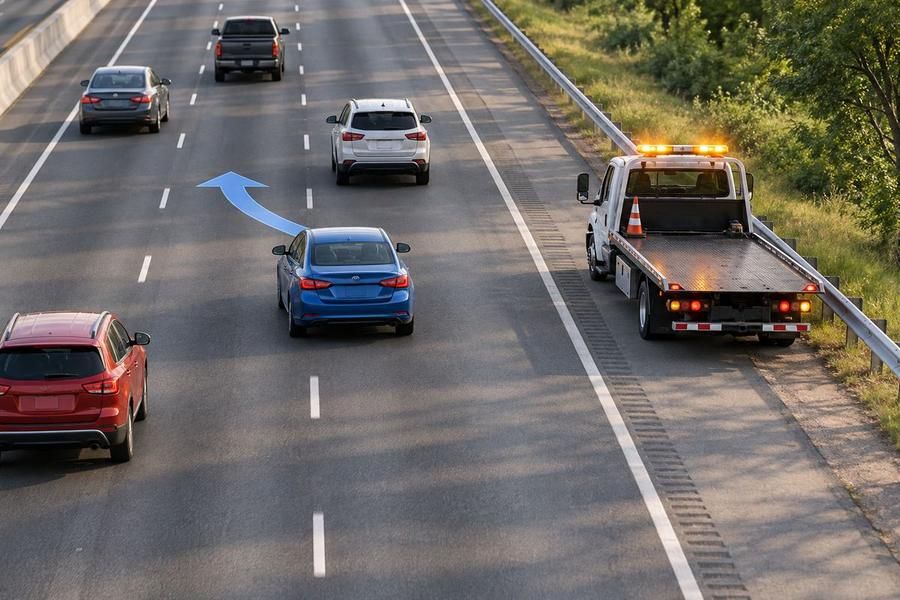 A flatbed tow truck with flashing amber lights is stopped on the right shoulder of a multilane road while a blue car changes into the next lane to the left.