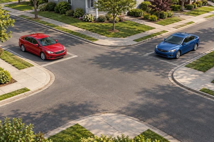 Two cars, one red and one blue, wait on different streets at a residential intersection where two streets meet, with no signs or signals in view.