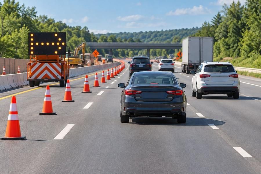 Cars merging past orange traffic cones and a flashing arrow board toward a highway work area with construction equipment beyond.