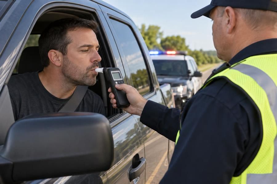 A truck driver blowing into a breath alcohol tester held by a police officer beside a patrol car