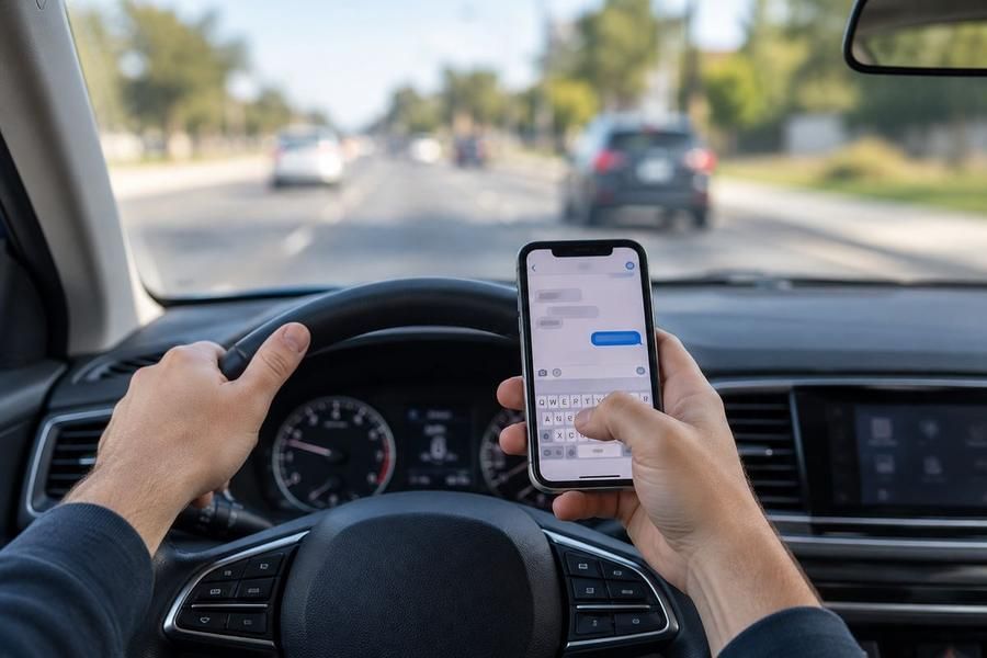 A driver's hands on the steering wheel and a smartphone, with a text message on the screen, on a road