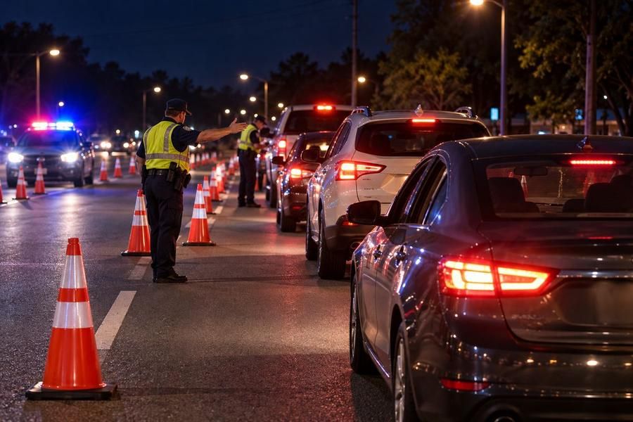Police officers directing cars through a night sobriety checkpoint marked with traffic cones