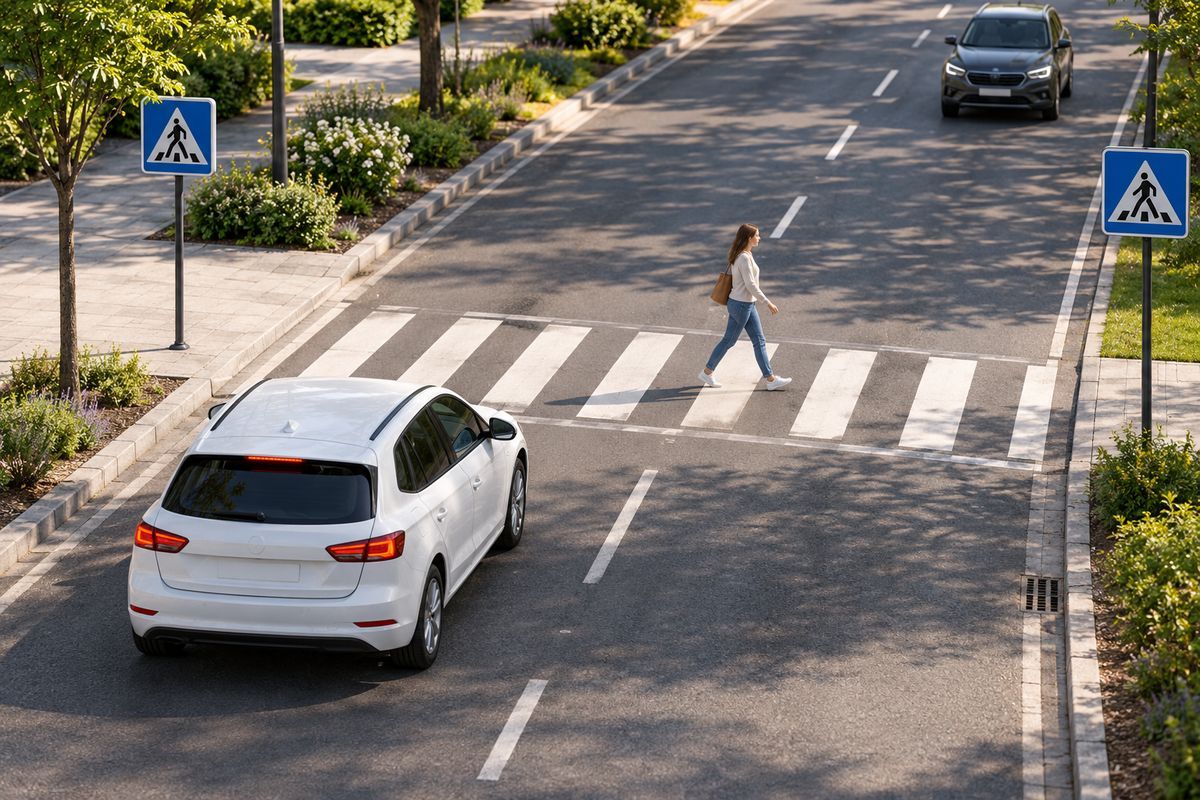 A pedestrian walking across a marked crosswalk with a car waiting at the stop line