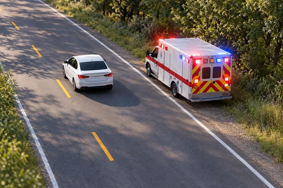 A white car approaching an ambulance with flashing lights stopped at the edge of a two-lane road