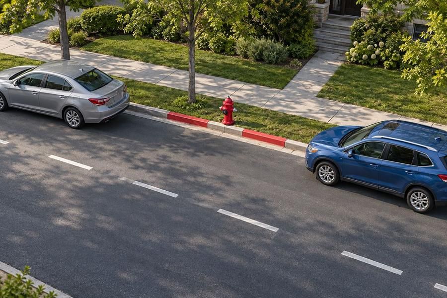 A gray car parked at the curb next to a red-painted curb section and a red fire hydrant on the sidewalk