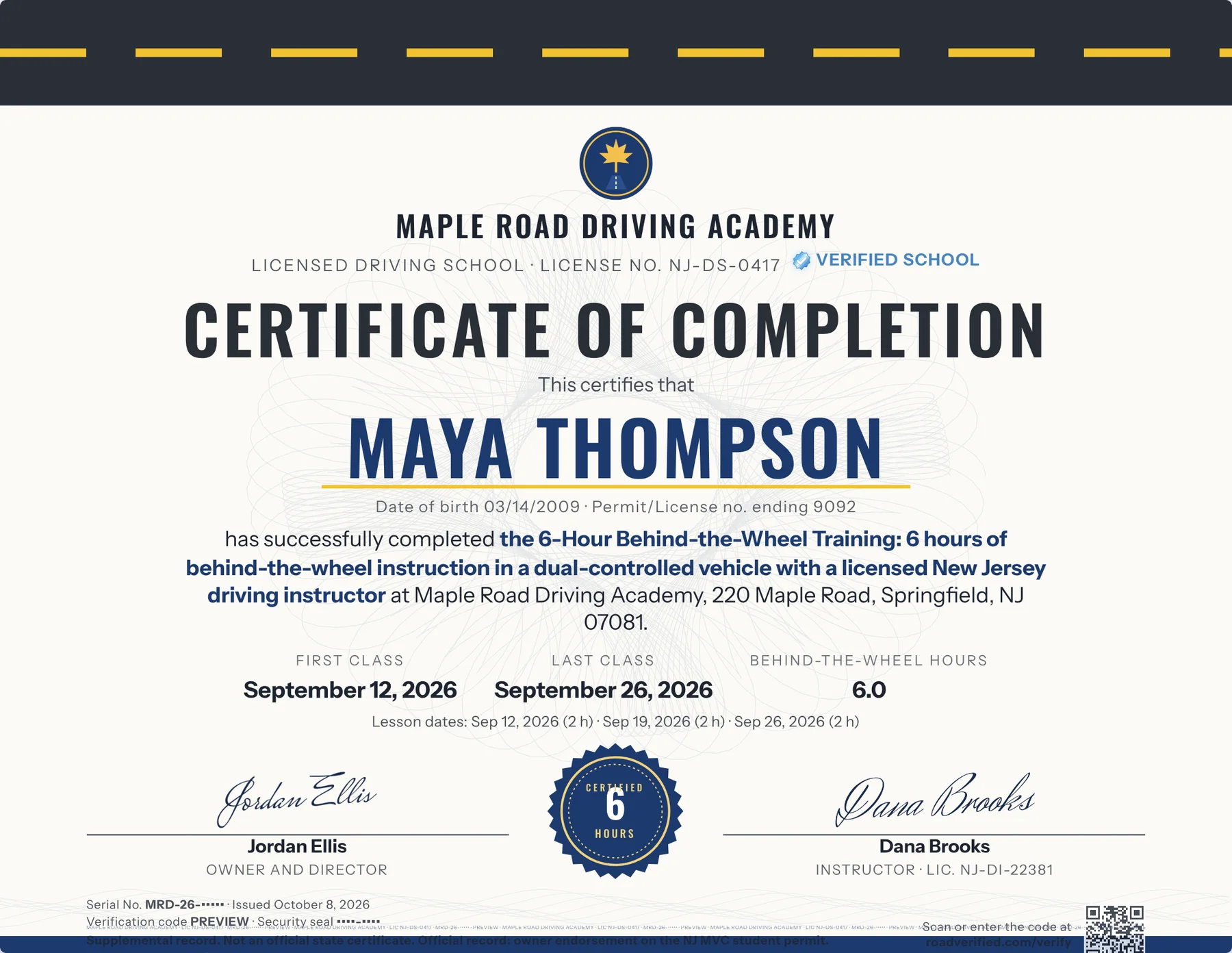 Highway certificate design with a road-stripe header