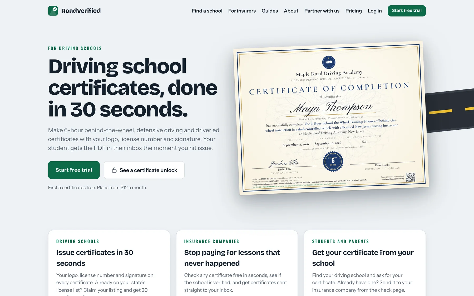 RoadVerified home page with the headline about certificates done in 30 seconds