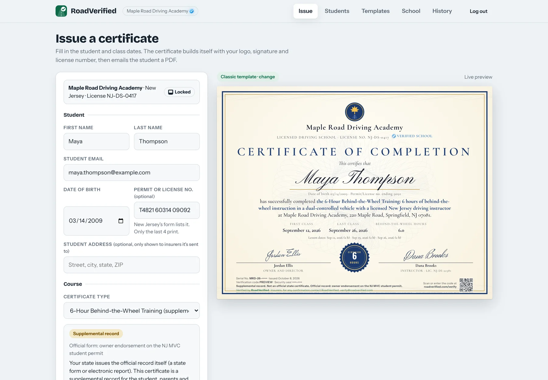 RoadVerified issue form with a live certificate preview
