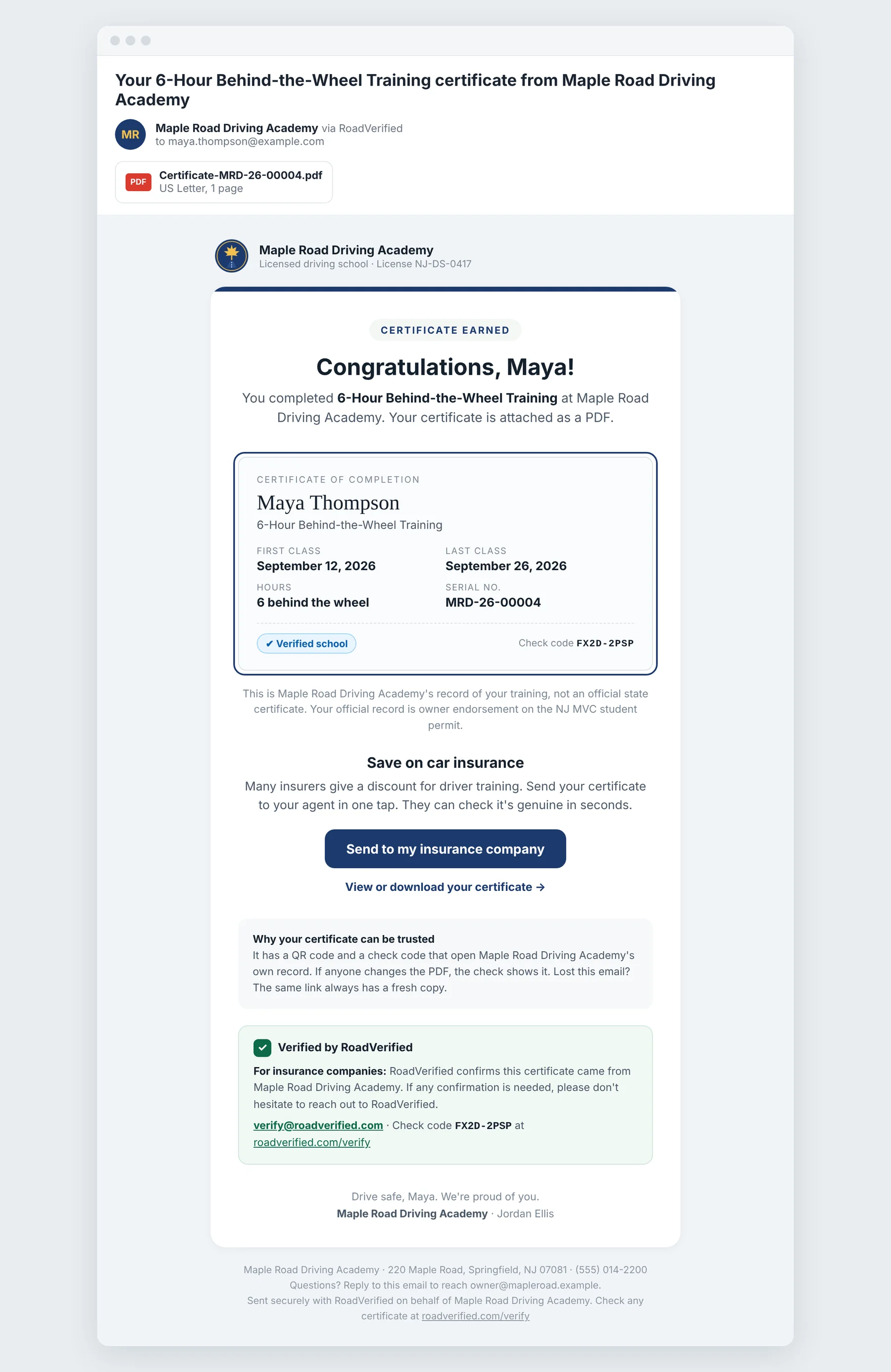 Branded student email with the PDF attached