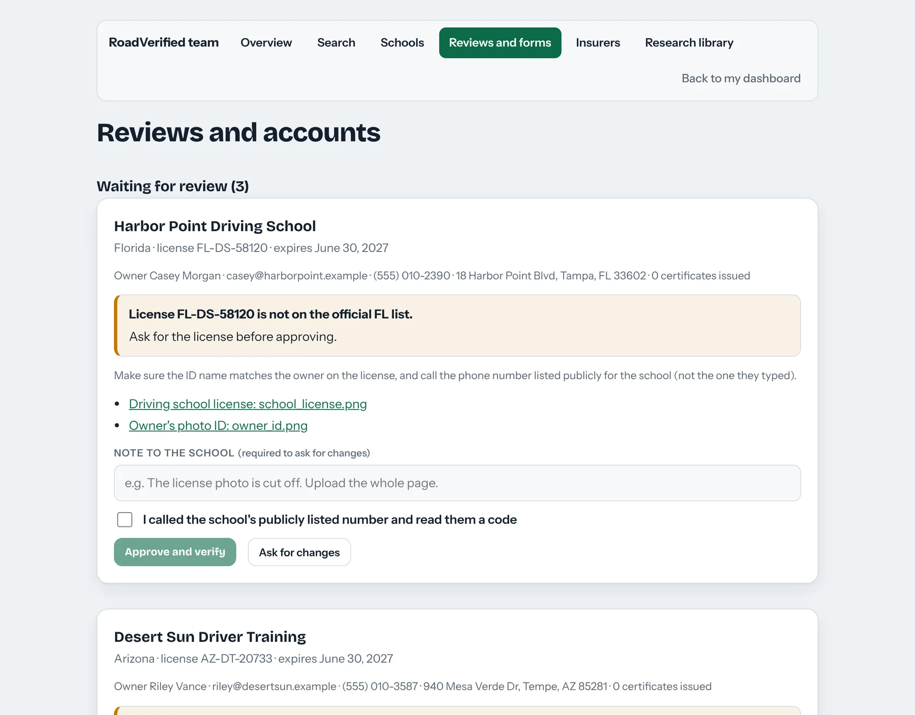 Admin review queue